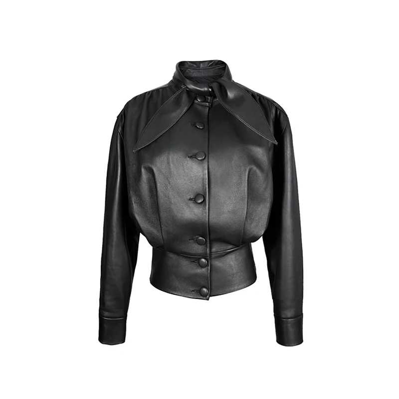 

2020 New Women's Fake Leather Slim Short Coat Jacket Single Breasted Pu Black Long Sleeve Outerwear