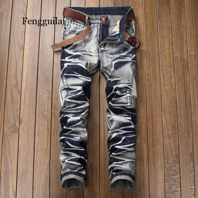 

High Quality Men Casual Jeans Coated Slim Straight Pleated Biker Jeans Pants Male Denim Casual Pants Plus Size 42