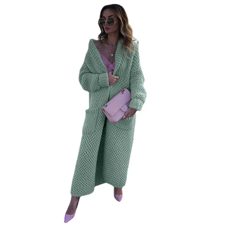

Donsignet winter lapel knitting Cardigan Solid color pocket Long plus size Women's knit sweater