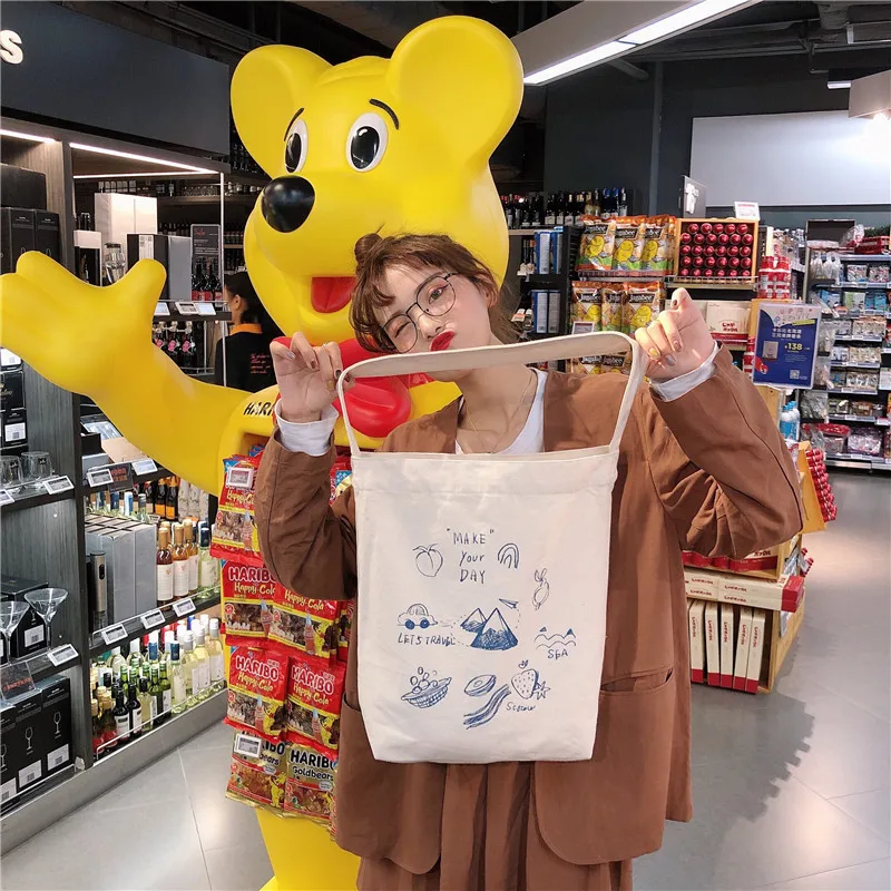 

Cute preppy canvas tote book bags, women cartoon pattern shoulder shopping bags wholesale price customized hot sale bags 9023