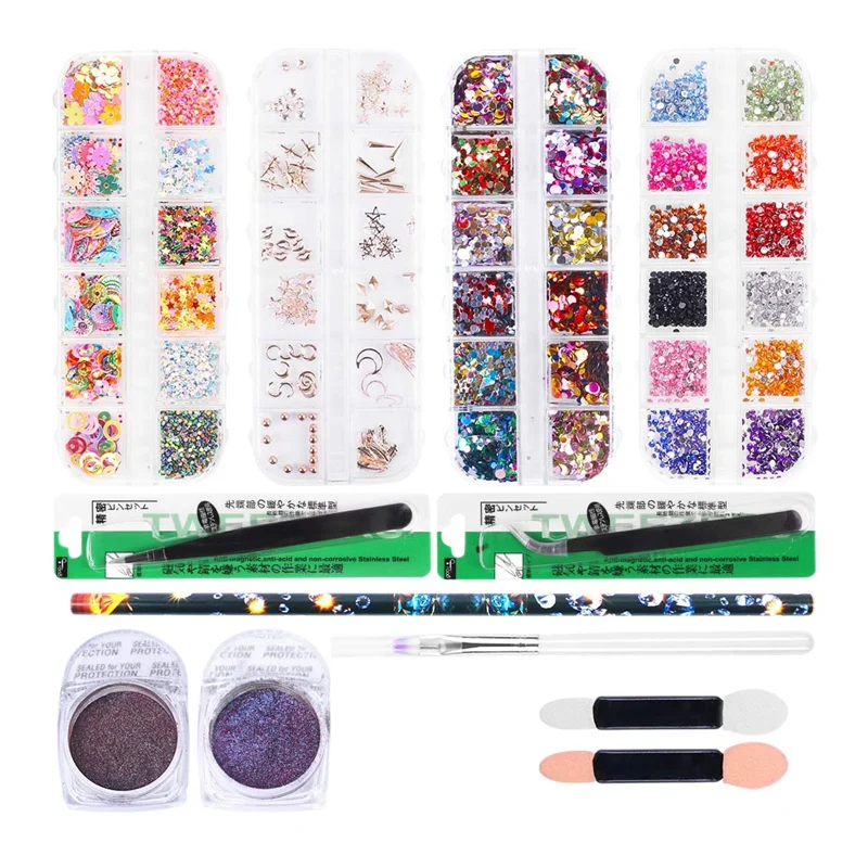 

4Boxes 12 Grids Nail Art Rhinestones +1 PC Dotting Pen + 2 PC Straight Tweezer Tool Kits Nail Art Rhinestones Studs