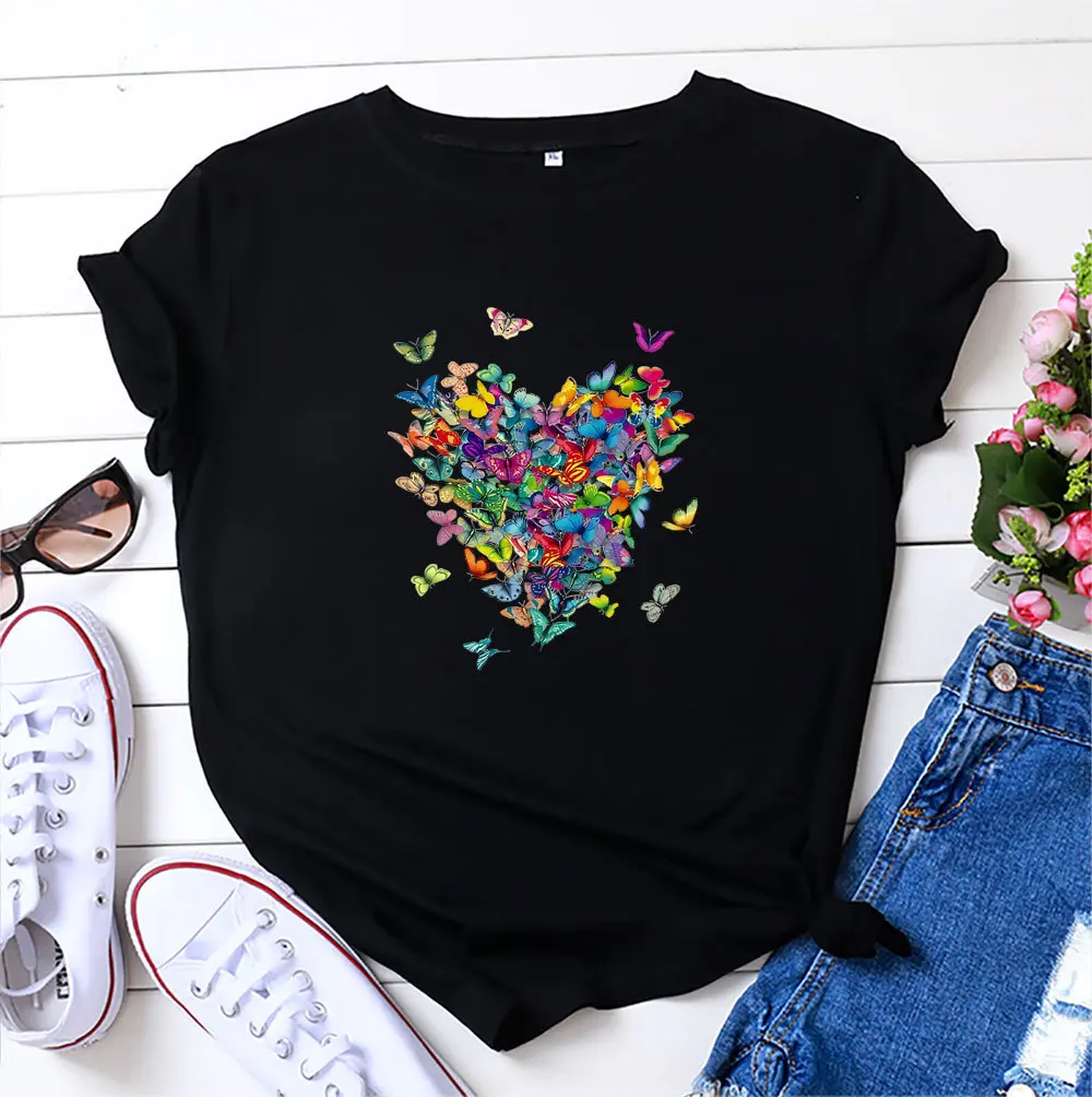 

Summer Women Cotton T Shirt Plus Size S- 5XL Butterflies Heart Shape Graphic Tees Short Sleeve Streetwear Tops Shirts