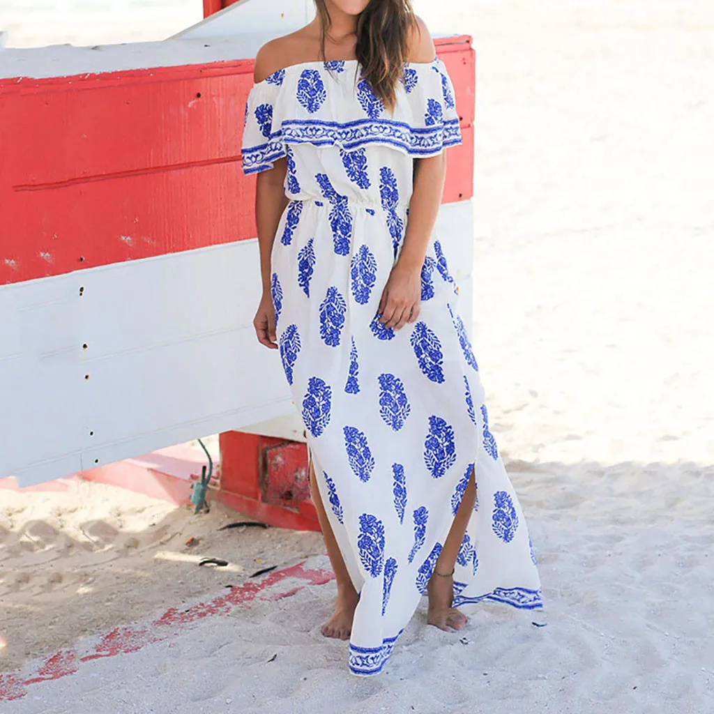 Женское длинное платье с принтом в стиле бохо летнее листьев вечерние платья