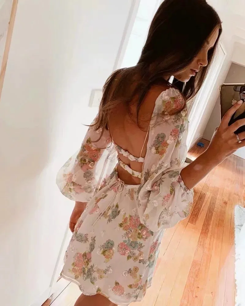 Женское винтажное платье с цветочным принтом DEAT Короткое мини открытой спиной и