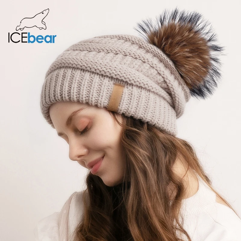 ICEbear женская зимняя шапка бини с помпоном из натурального меха громоздкая