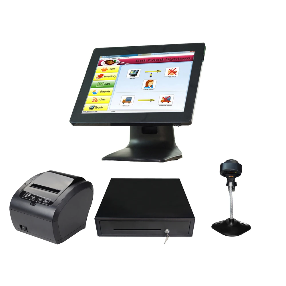 

whole set Point of Sales 15 inch touch screen POS System all in one for retailers cash register printer fanless POS terminal