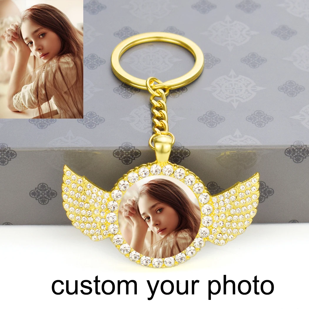 

1pc Custom Photo Keychain Fashion Crystal Wings Pendant Keyring Personalized Women DIY Logo Photos Glass Jewelry Key Chains Gift
