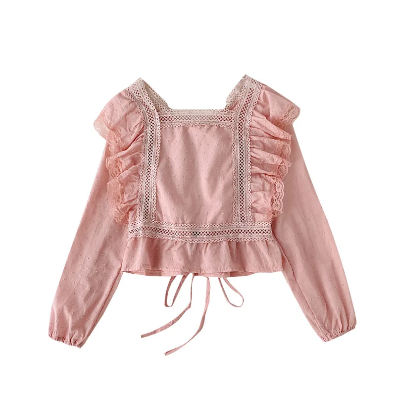 Женская Осенняя блузка с бантиком кружевная оборками укороченный топ длинными