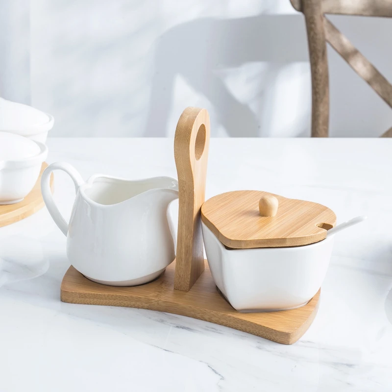 

Sugar Bowl and Creamer Set with Lid & Spoon Ceramic Cream Jug and Sugar Bowl with Wood Handle Coffee Serving Set