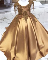 gold girls pageant gowns satin beading lace up back children birthday dress flower girl dress kids clothes photography