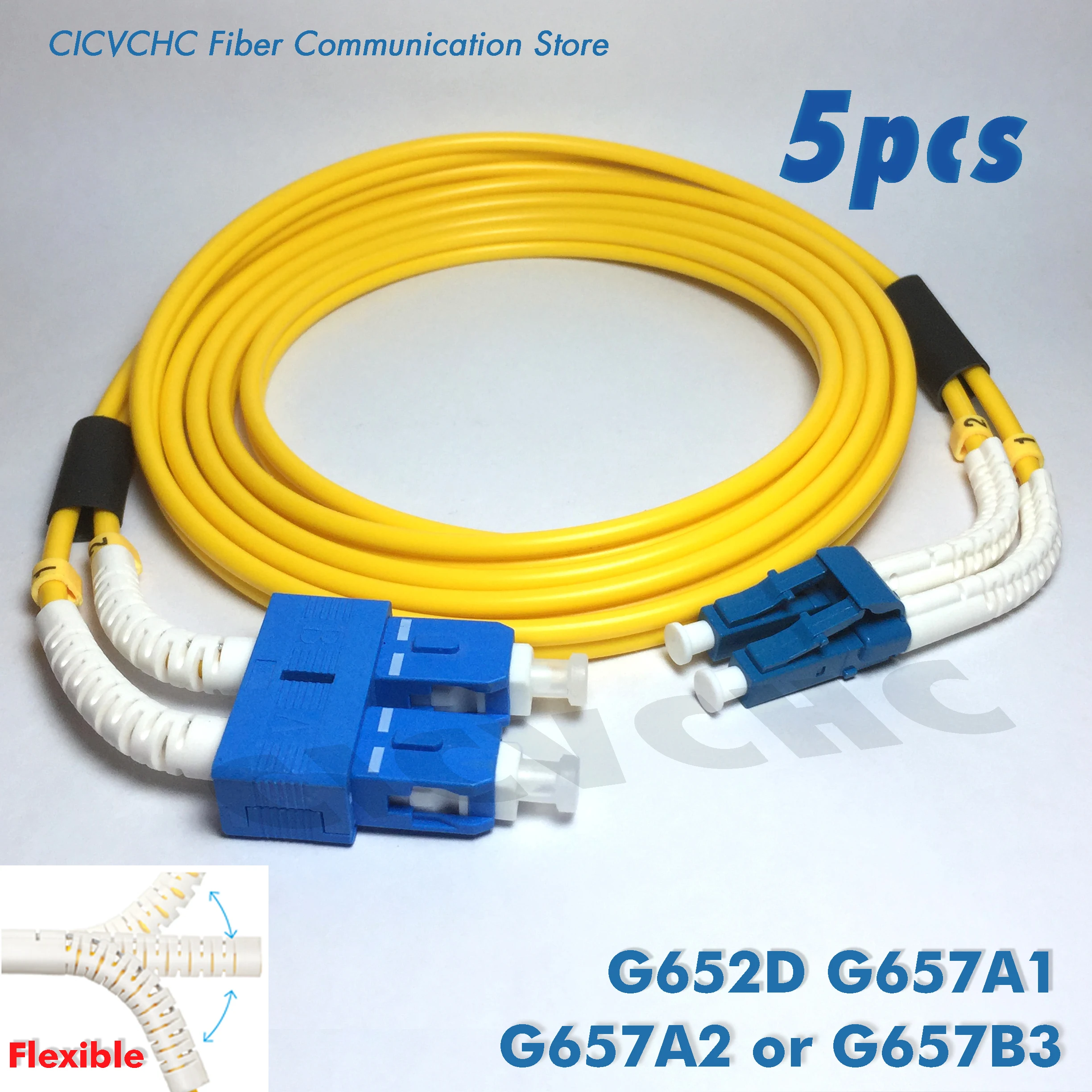 5pcs Duplex patchcords SC/UPC-LC/UPC-with Flexible angle boot-SM 3.0mm Cable- 1m, 2m or 5m/ Optical fiber Jumper