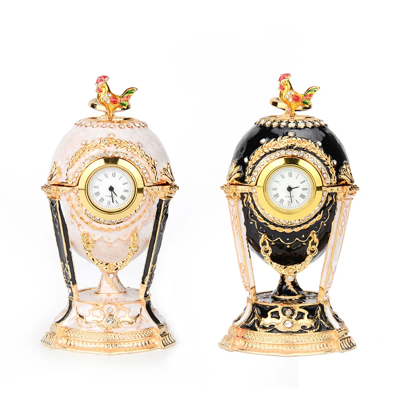 QIFU New Arrive Russian Cockerel Faberge Egg Trinket Boxes with Clock for Home Decor