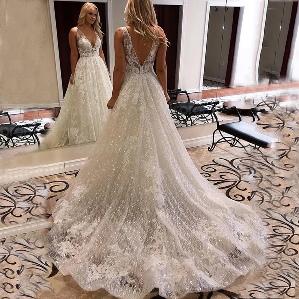 

Beige V Neck Princess Wedding Dress Bridal Dress 2021 Model Quality and Elegant Design Bling Sleeveless Bridal Gowns Robe Mariag