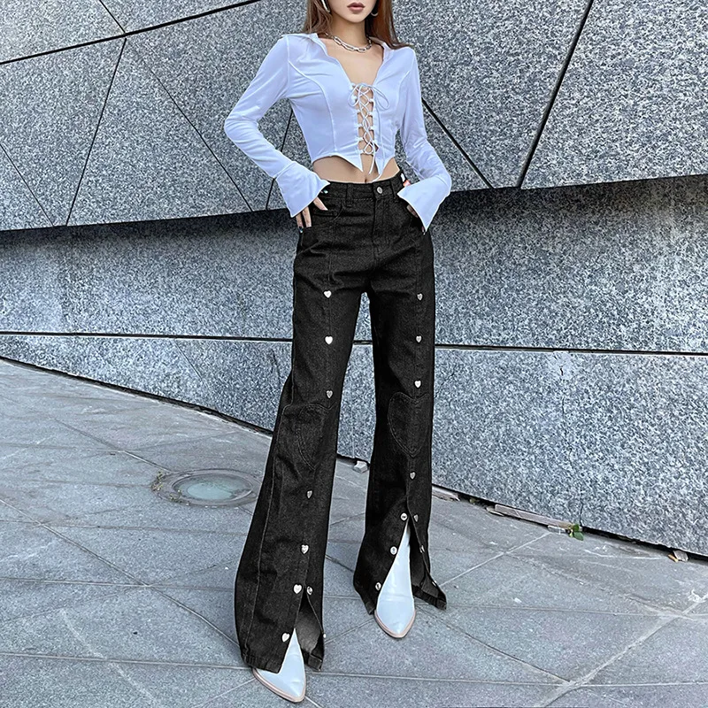 

Denim Trousers Pants Women High Waist Baggy Jeans Spring Fashion Women High Waist Straight Fit Split Fashion Casual Jeans