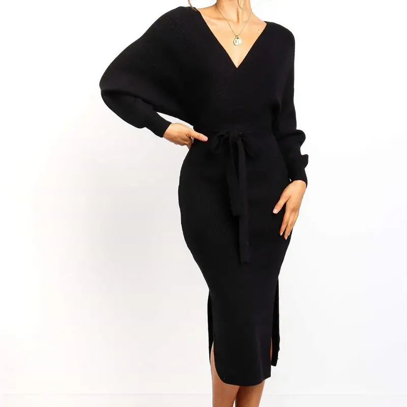 Женское длинное трикотажное платье зимние вечерние платья с длинным рукавом и v