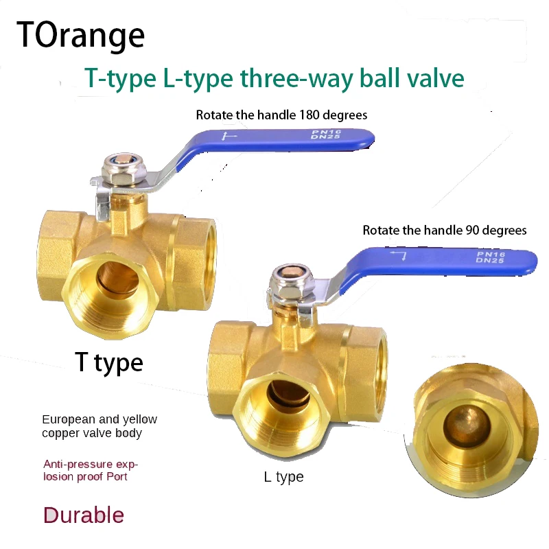 Válvula de bola de tres vías de cobre de 1/2 pulgadas, tipo T, tipo L, 1/4IN, 3/8IN, 3/4 en 1, interruptor de válvula de cable interno, junta de calefacción de tubería de agua