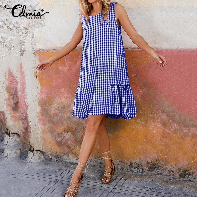 Женское богемное платье Celmia без рукавов с оборками вечерние клетчатые платья