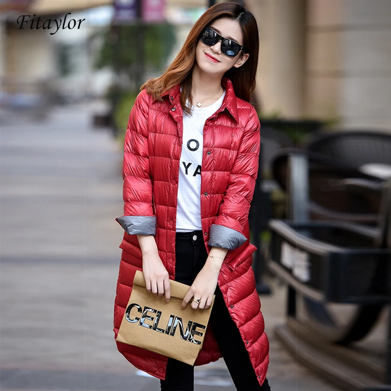 Fitaylor ультралегкий пуховик женское черное пальто теплое на 90% утином пуху Длинные