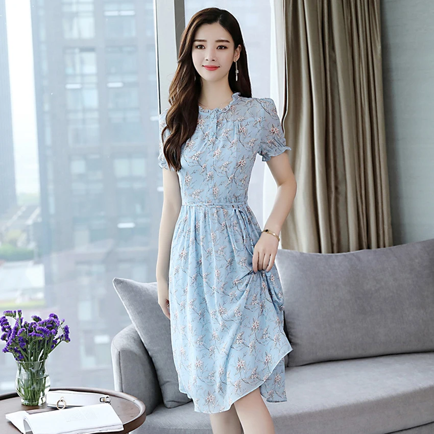 Летнее женское повседневное пригородное синее цветочное длинное платье