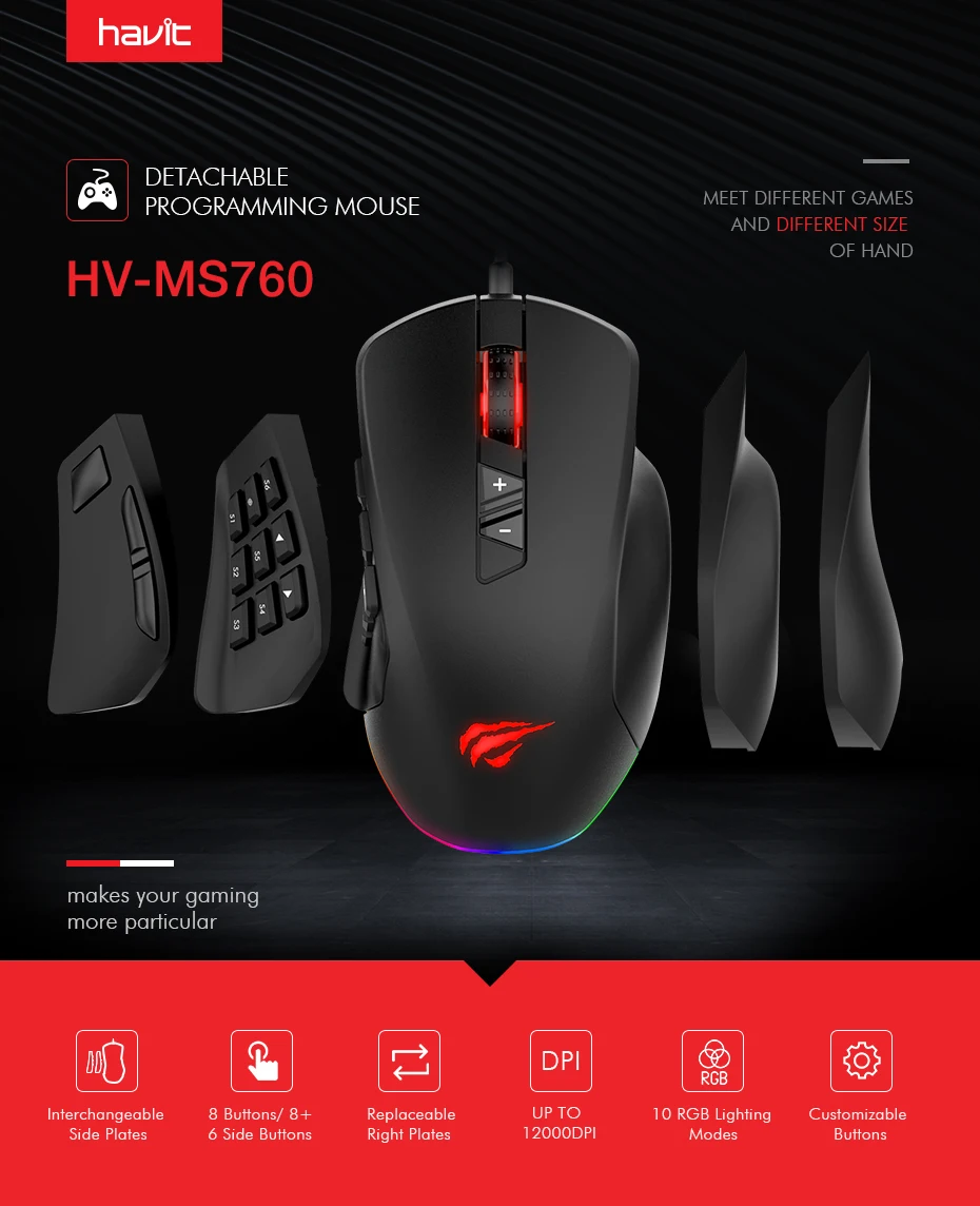 Havit игровая мышь 12000 dpi Проводная мышь с 14 программируемыми кнопками сменные боковые пластины, 2 Сменные правые пластины