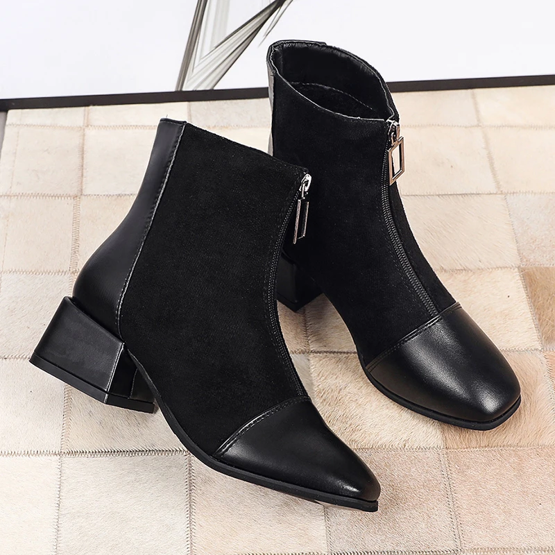 

Короткие ботинки женская обувь 2021 модная обувь новая осенняя женская обувь ретро ботинки на толстом каблуке с молнией спереди