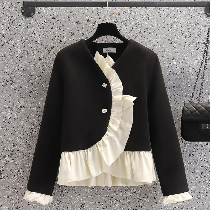 

Black Sweet Long Sleeved Falbala Plus Size Oversize Women'S Clothes Autumn Winter Jacket Coat Vetement Femme 2021 Outerwear