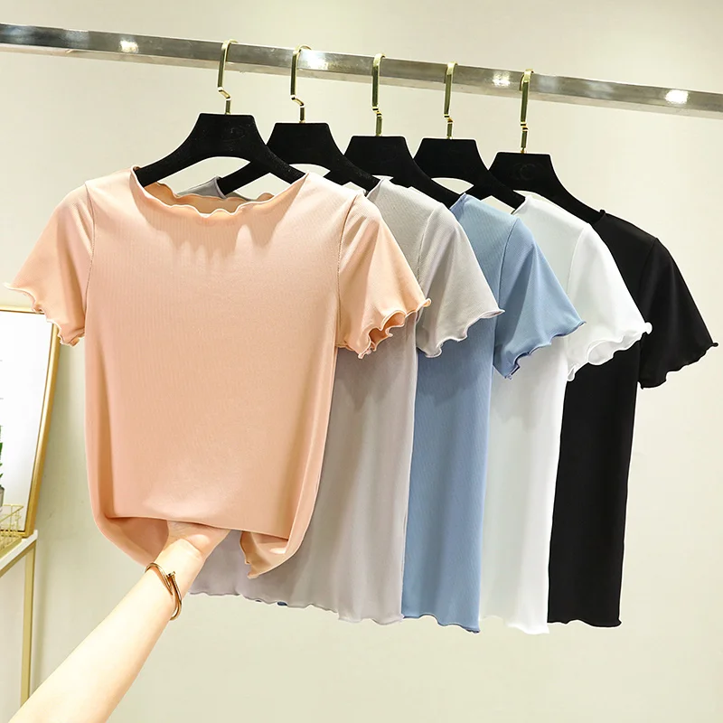 

Women Kawaii Elastic Thin Ribbed Striped T Shirts Colors 100% Cotton Casual T-Shirts Lady Base Tees Female Streetwear Crop Top