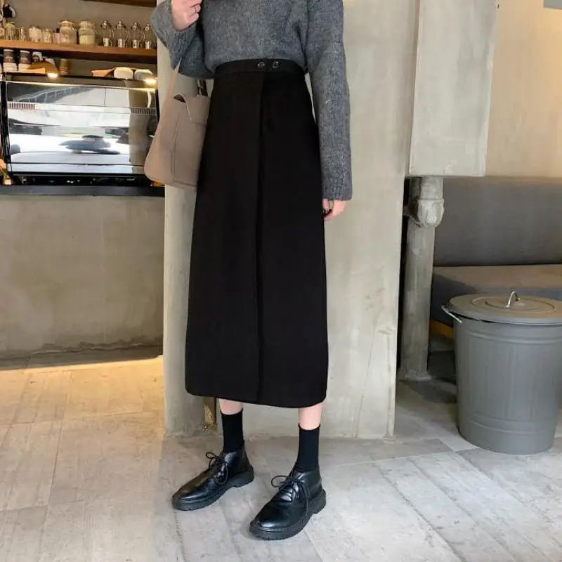 

2021 Spring New Korean Simple Black High Waist Thin All-match Casual Western Temperament Women A-line Long Skirt Free Shipping