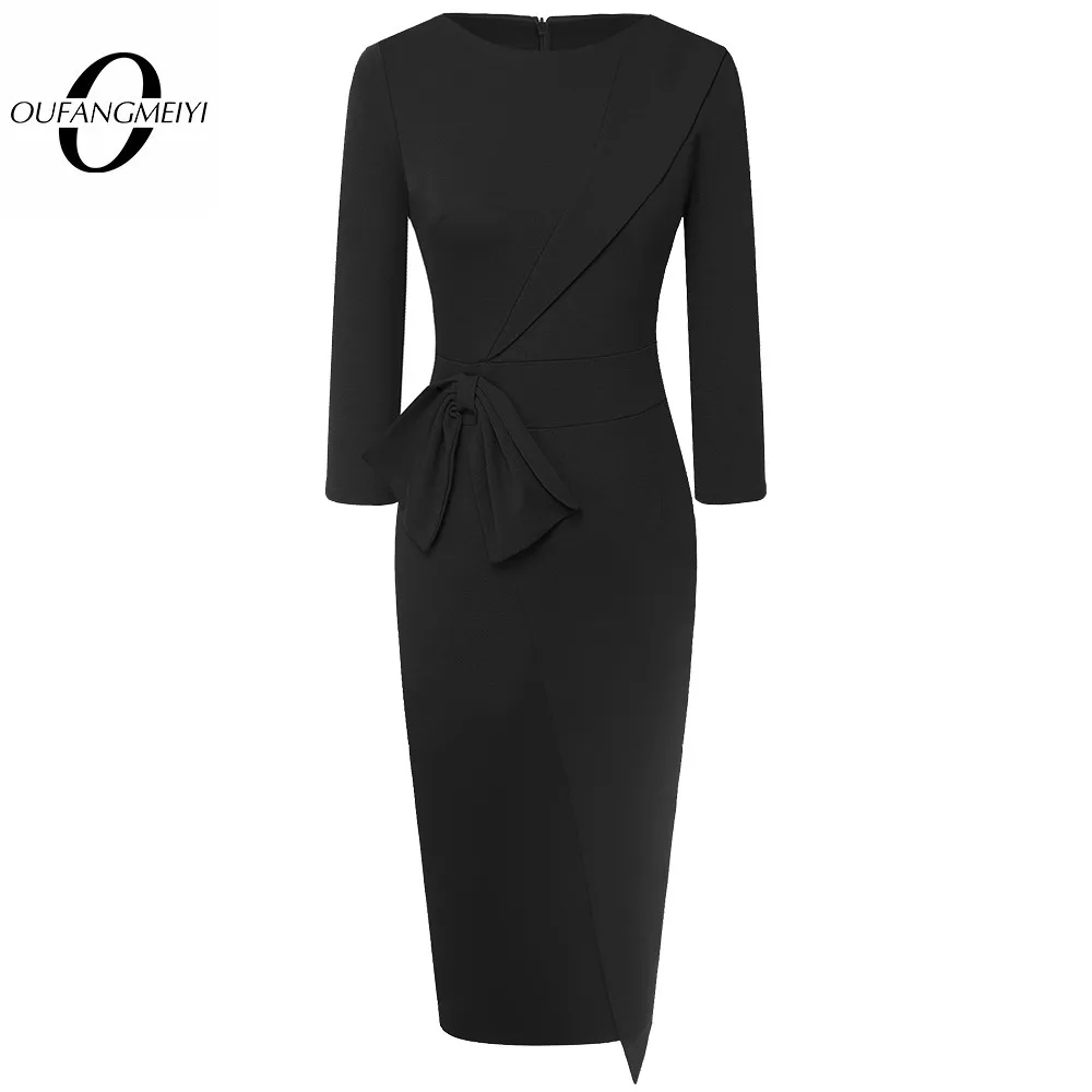 Женское облегающее платье карандаш с круглым вырезом и бантом для офиса