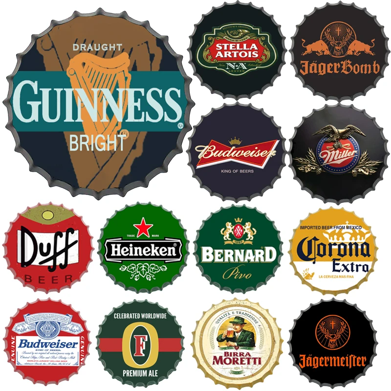 

Wine Beer Brand Bottle Cap Tin Sign Vintage Metal Round Plate Bar Pub Restaurant Garage Hanging Crafts Metal Wall Plaques Decor