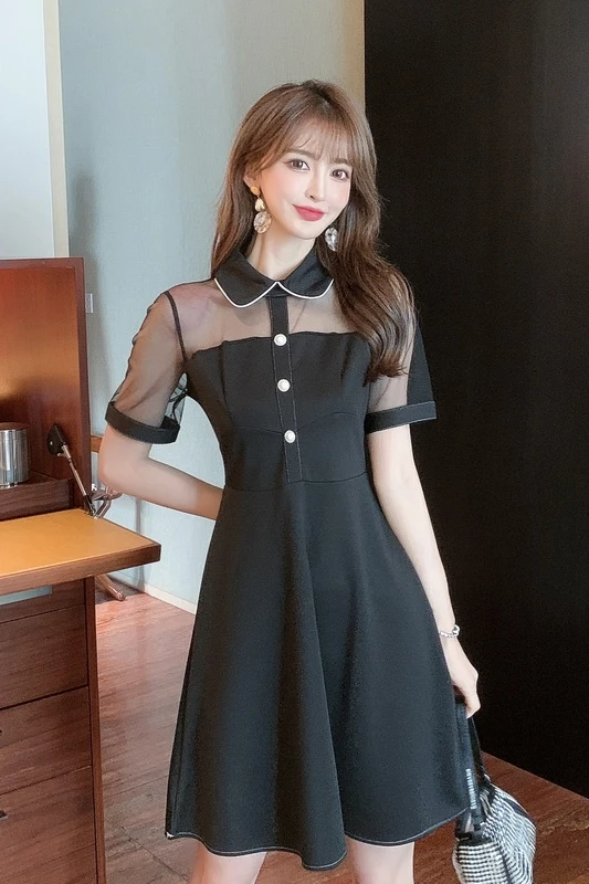 

COIGARSAM Vintage Patchwork Women one-piece dress korean Mesh Dresses Black 766