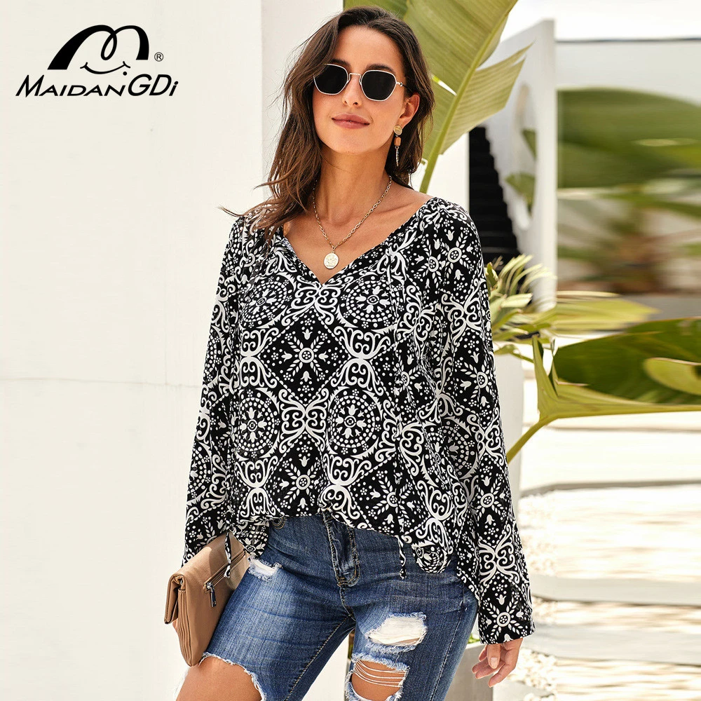 

Женская светильник башка с принтом MAIDANGDI, Летний шифоновый пуловер с V-образным вырезом и длинным рукавом, 2020