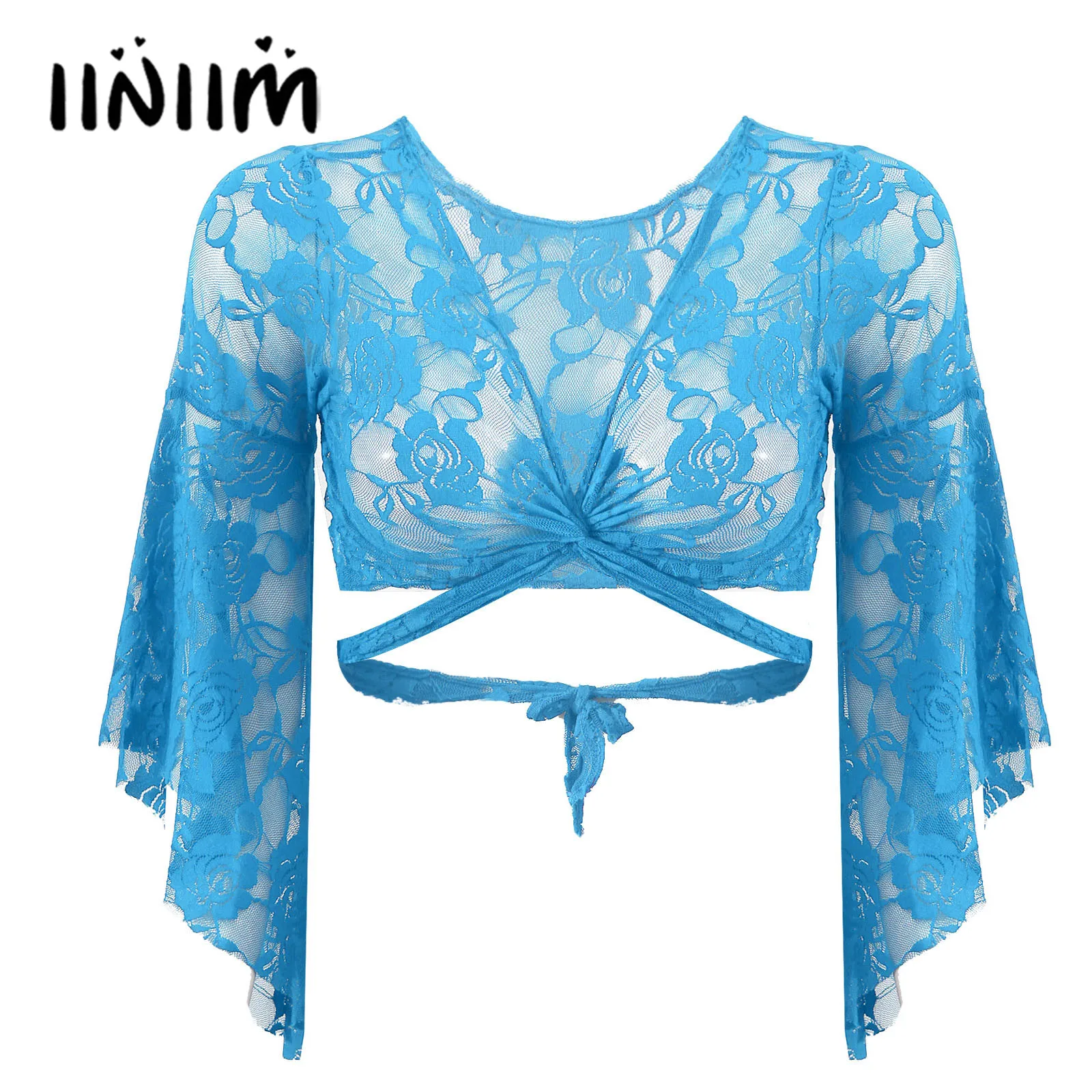 

Womens Ladies Belly Dance Top 3/4 Flare Sleeve Sheer Lace Shrugs Belly Dance Performance Costume Lace-up Cardigan Wraps Crop Top