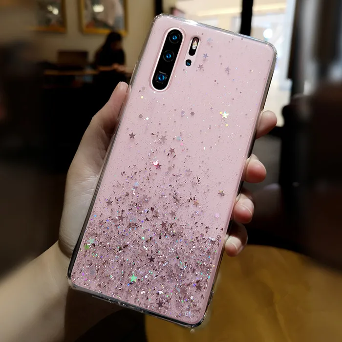 Bling Glitter Case for Huawei P20 Lite P30 Silicon Crystal Sequins Soft Cover for Huawei P30 Lite P20 Pro Transparent Phone Case - Цвет: Розовый