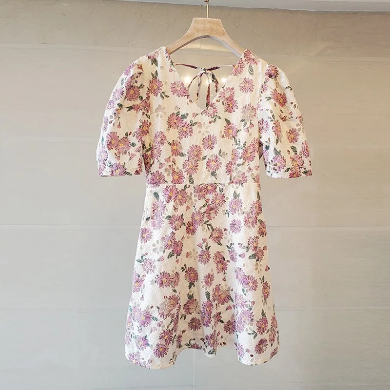 

New Runway High Quality Summer Luxury Embroidered Women's Dress Cotton Linen Daisy Print Lace Sweet Dress Vestidos