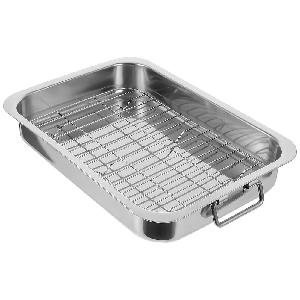 

1 Set Stainless Steel Rectangular Kitchen Baking Tray Ovenware Tray with Rack