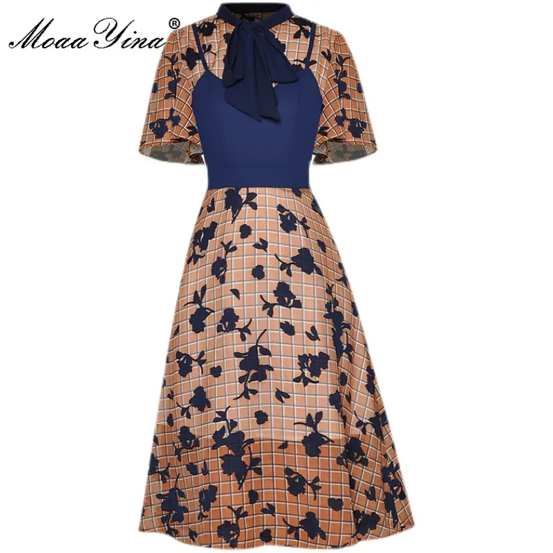 

MoaaYina Designer Fashion Summer Short sleeve Dress Women's Bow Tie Flower Plaid Print Party Midi Dresses Vestdios 2021 New