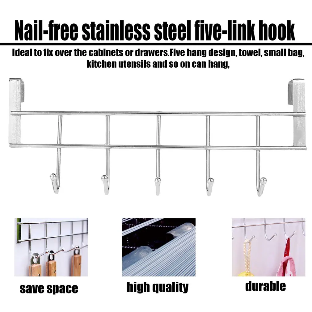 1 Pc 5 Hooks Stainless Steel Clothes Door Bathroom Kitchen Cabinet Draw Bedroom Towel Hanger Hanging Loop Organizer | Дом и сад