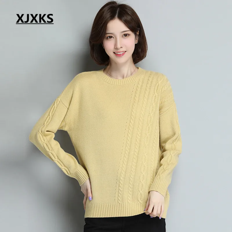 XJXKS Round neck long sleeve women sweater autumn winter new large size comfortable cashmere knitted sweater women pullover - Цвет: Цвет: желтый