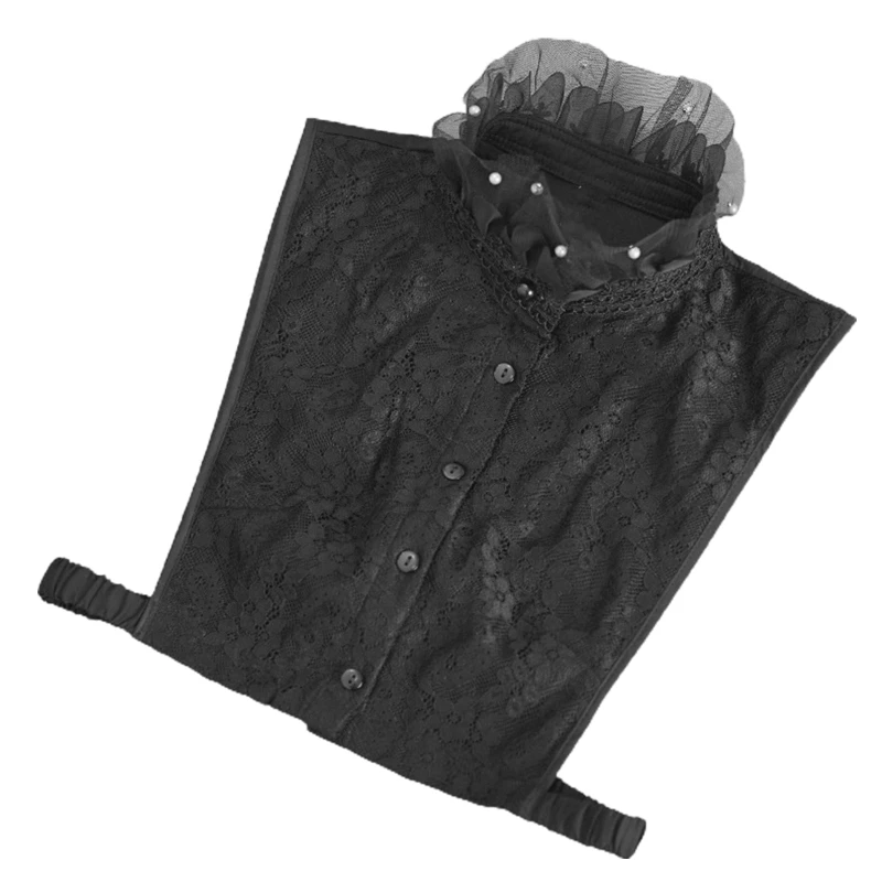 

Women Imtation Pearl Beading Ruffled Stand Fake Collar Button Floral Lace Detachable Half Top Blouse Decorative Clothing