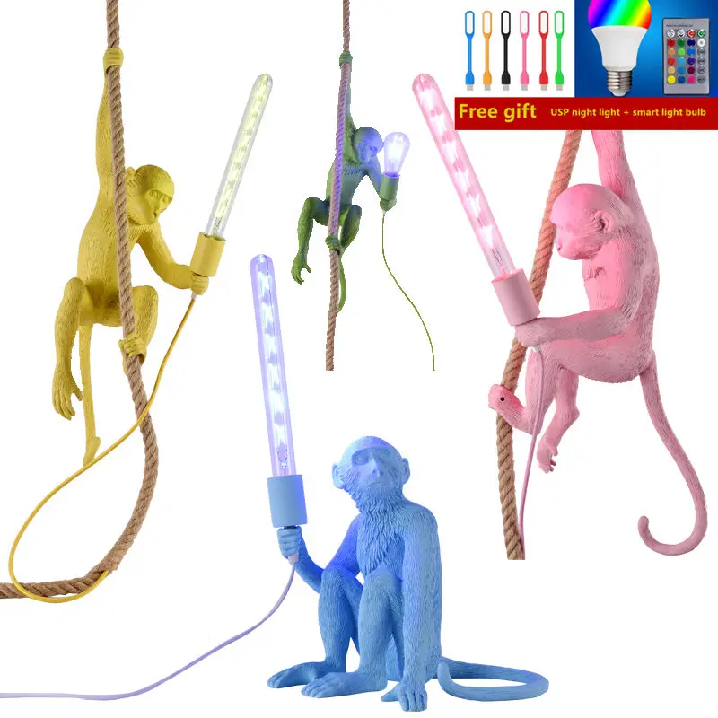 Пеньковая веревка смола цвет люстра с обезьянами гостиная лампа искусство