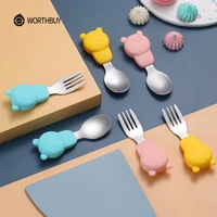 cartoon tableware for kids 188 stainless steel spoon fork dinnerware set with silicone handle kitchen dinner set