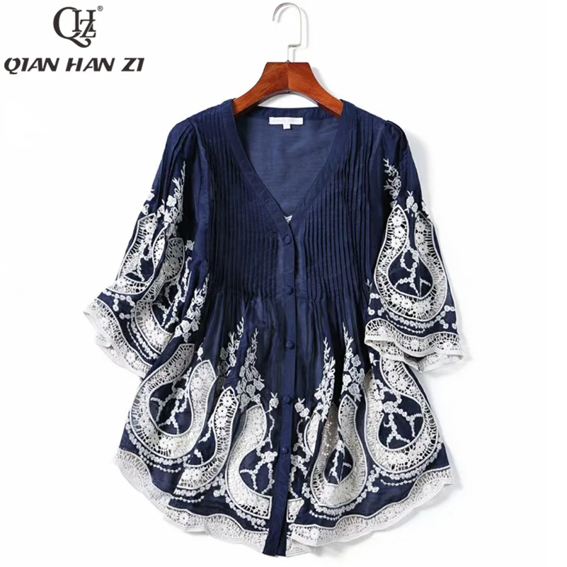

Qian Han Zi 2021 summer designer high-quality fashion shirt Half sleeve Hollow embroidery Retro womens tops and blouses