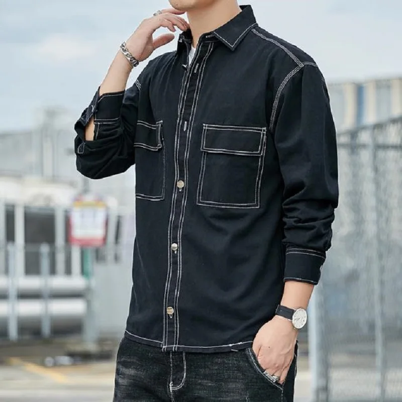 

Cotton Multi-bag Japanese Tooling Long-sleeved Shirt Fashion Solid Color Men's Loose Large Size Harajuku Shirt White Shirt