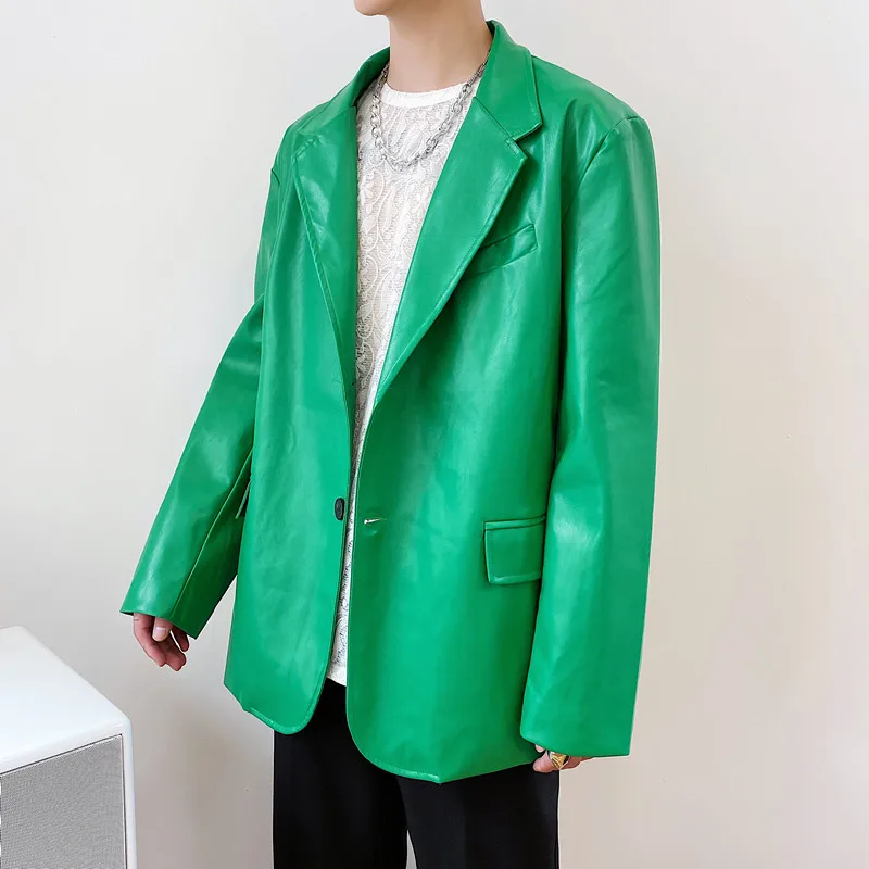 

2020 New Fashion Men's Blazer Jacket Purple Green Bright Color PU Leather Loose Suit Coat Stage Rap Singer Hip-Hop Tops