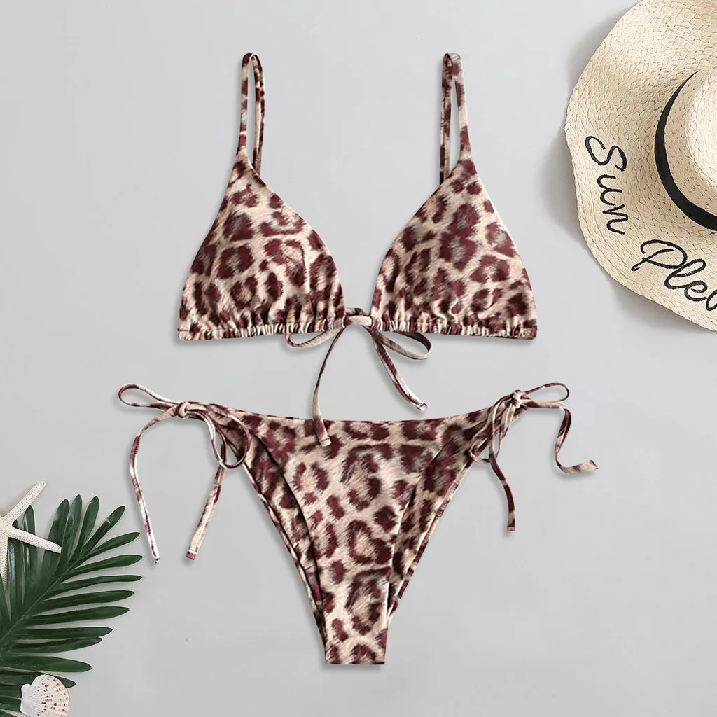 

Women's Sexy Bikinis Leopard Print Lace Up High Cut Leg Bikini Set Two Piece Swimsuit Bikini Set Print Bandage Beachwear 2021 R5