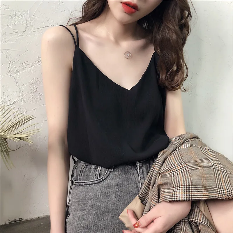 

V Neck Sexy Tank Tops Solid Loose Backless Chiffon Camisole Women Vest Top Halter Sleeveless Mujer Camisetas Clothing ED50DD