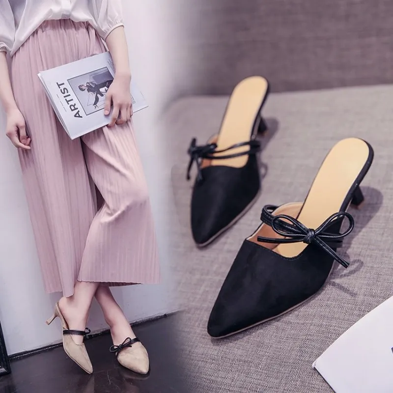 

Spring ladies sandals women bow non-slip surface suede wedding party shoes girls stiletto sandals Sandalias femeninas J14-09