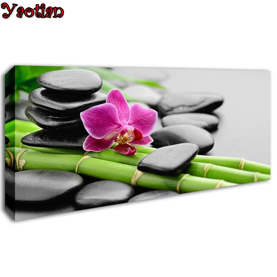 

3D Full Round Diamond Embroidery Green Bamboo Stone Orchid DIY Diamond Painting Large Size DIY Diamond Mosaic Rhinestones