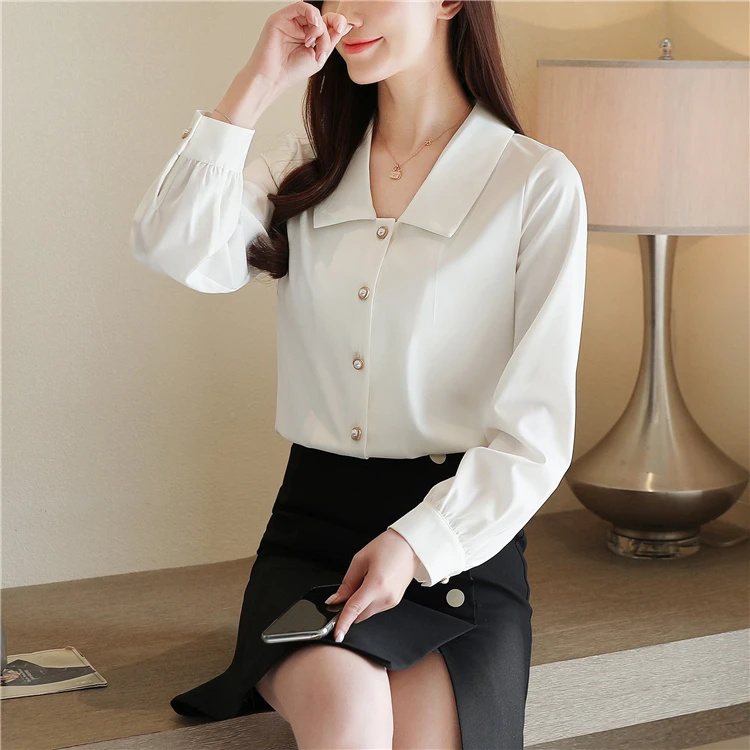 

COIGARSAM Shirt Womens Tops Autumn 2021 New Office Lady Korea Style Full Sleeve Solid Loose Straight White Black Women Shirts